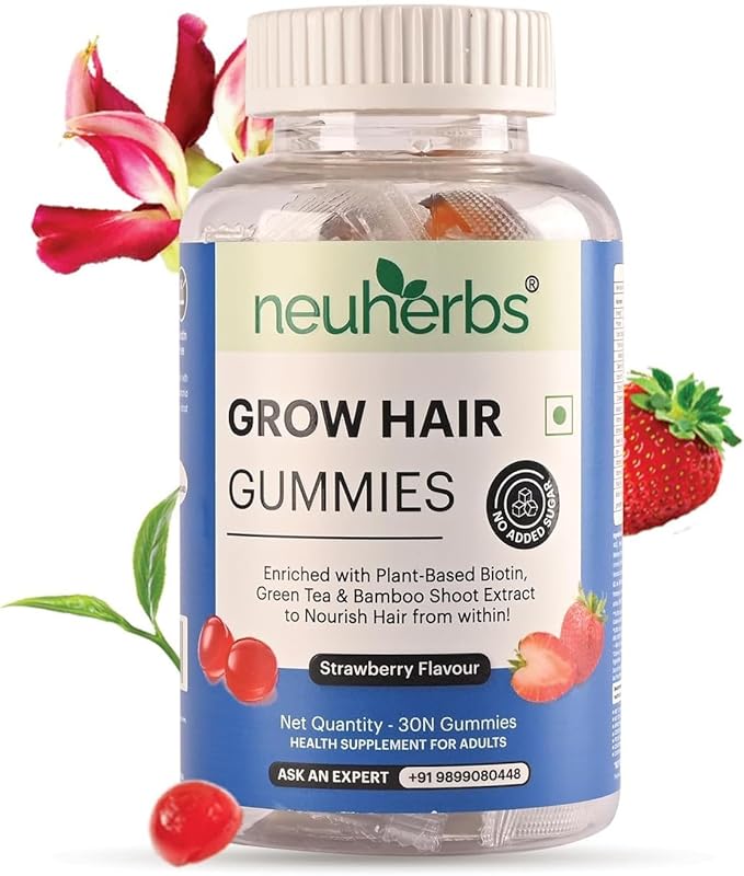 Grow Hair 30 Gummies with BiotinBamboo Shoot ExtractGreen Tea ExtractIronVitamin B12B2Folic Acid Keeps Hair Healthy &amp StrongNatural Strawberry Flavored100% VegetarianGelatin Free