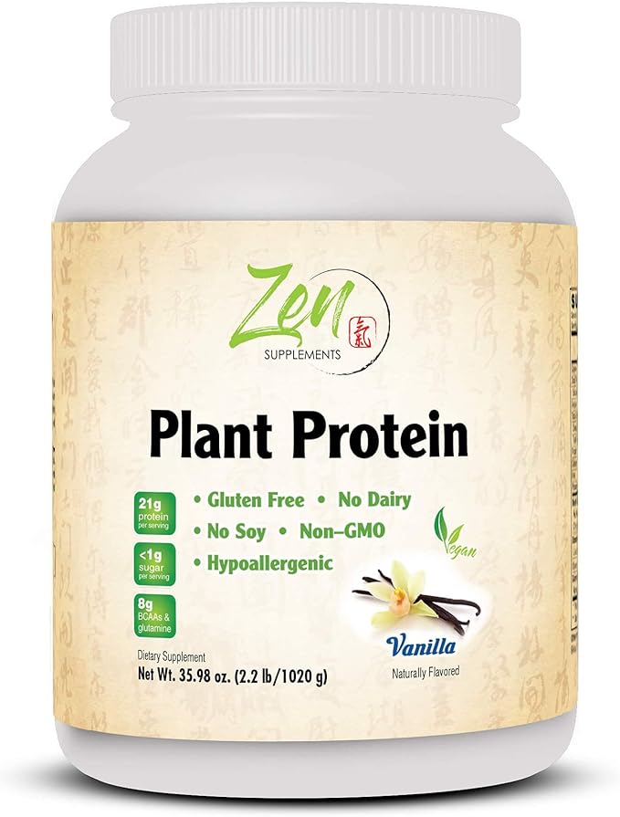 Zen Supplements - Plant Protein-Vanilla 1020G 2.2LB-Powder - 25 Grams of Protein Per Serving -Vegan Low Net Carbs Non Dairy Gluten Free Lactose Free No Sugar Added Soy Free Kosher Non-GMO