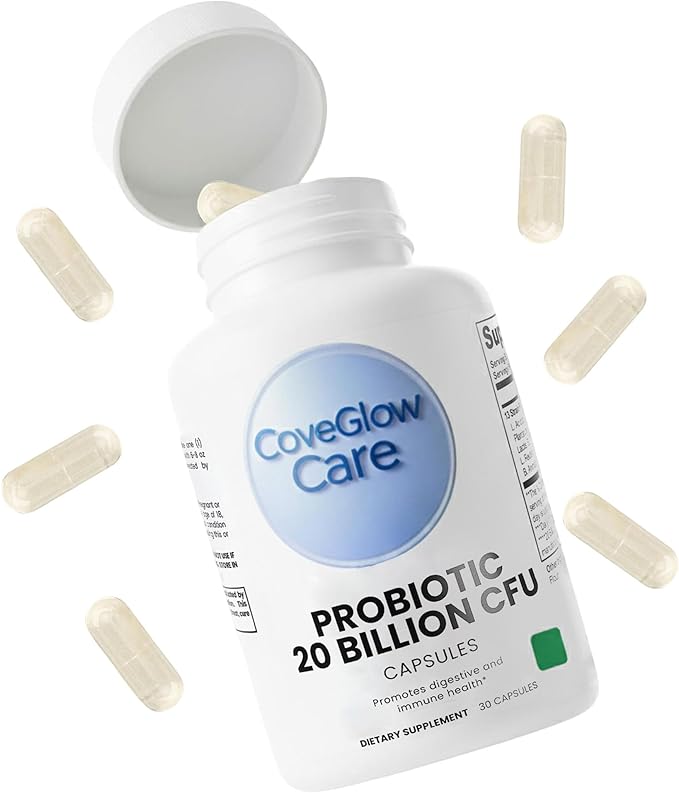 CoveGlow Probiotic 20 Billion-L. Acidophilus L. Rhamnosus &amp B. Lactis - Natural Digestive &amp Immune Support Formula in Vegetable Capsules