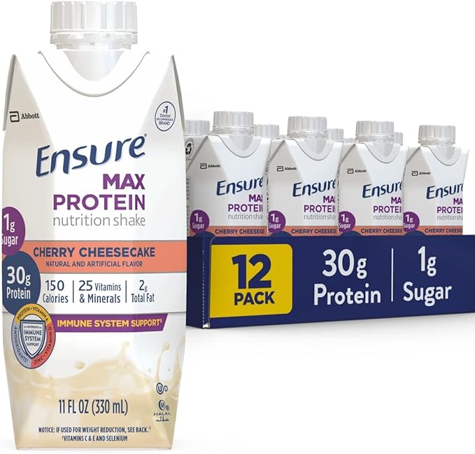 Ensure Max Protein Nutrition Shakes Variety Pack With 30g of Protein &amp Max Protein Nutrition Shake with 30g of Protein 1g of Sugar High Protein Shake Cherry Cheesecake 11 fl oz (Pack of 12