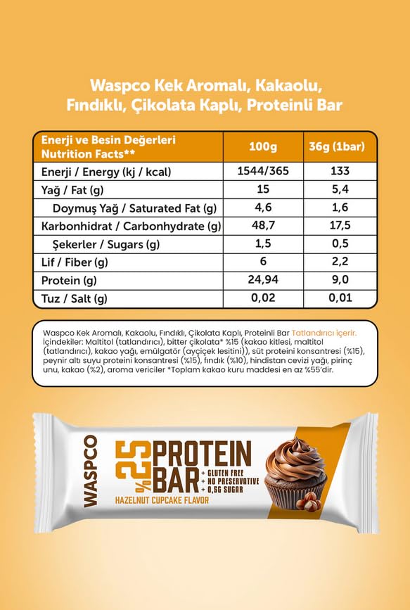 (12 Count) Protein Bars HAZELNUT CUPCAKE Gluten Free with 9g Protein and 0.5g Sugar36 G