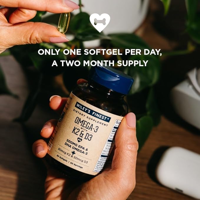 Wiley's Finest Wild Alaskan Fish Oil Vitamin K2 &amp D3 Softgels - 500mg of EPA and DHA Omega-3s for Bone and Heart Health Support - 60 Softgels (60 Servings)