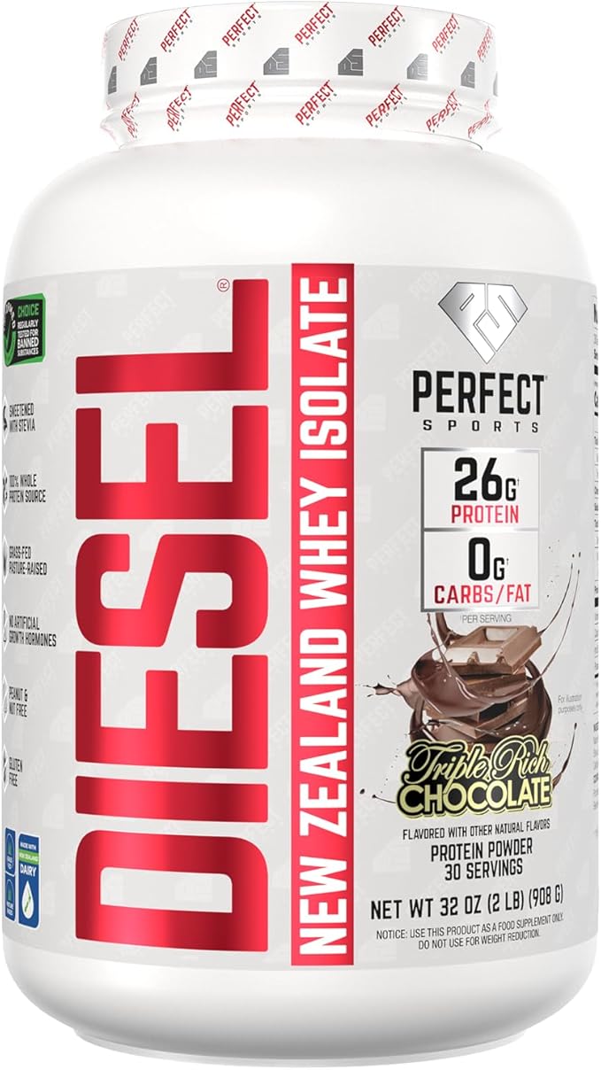PERFECT SPORTS Diesel 100% New Zealand Whey Protein Isolate | Stevia Sweetened No Artificial Ingredients Keto | 0g Carb 0g Fat 26g Protein | 2 Pounds (Triple Rich Dark Chocolate)