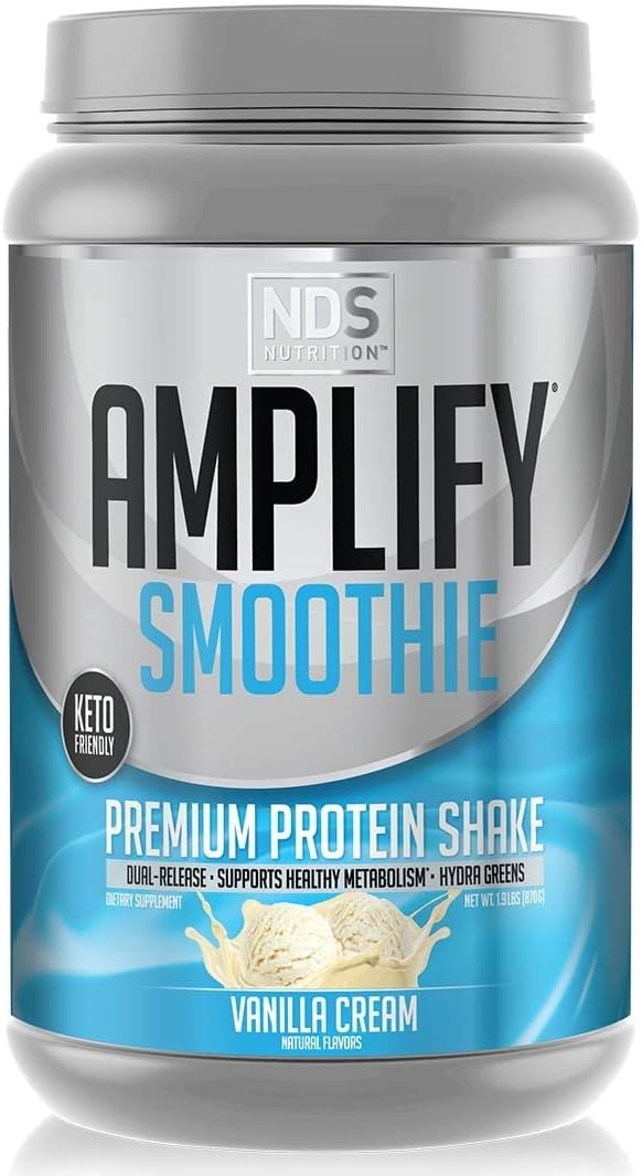 AMPLIFY NDS Nutrition Smoothie Premium Whey Protein Powder Shake with Added Greens and Amino Acids - Build Lean Muscle Gain Strength Lasting Energy and Lose Fat - Vanilla (30 Servings)