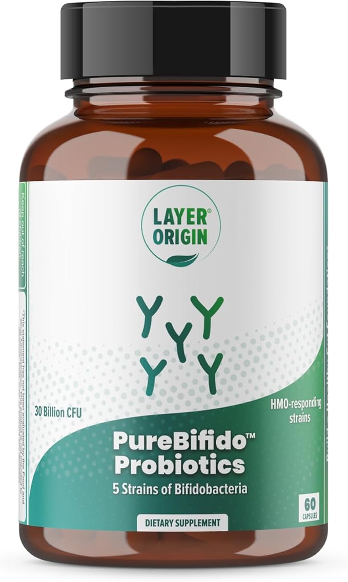 Layer Origin PureBifido Probiotics with 5 Strains of Bifidobacteria for Seeding Gut Microbiome and Boosting Your Gut Health 30 Servings HMO-Prebiotic Responding Strains