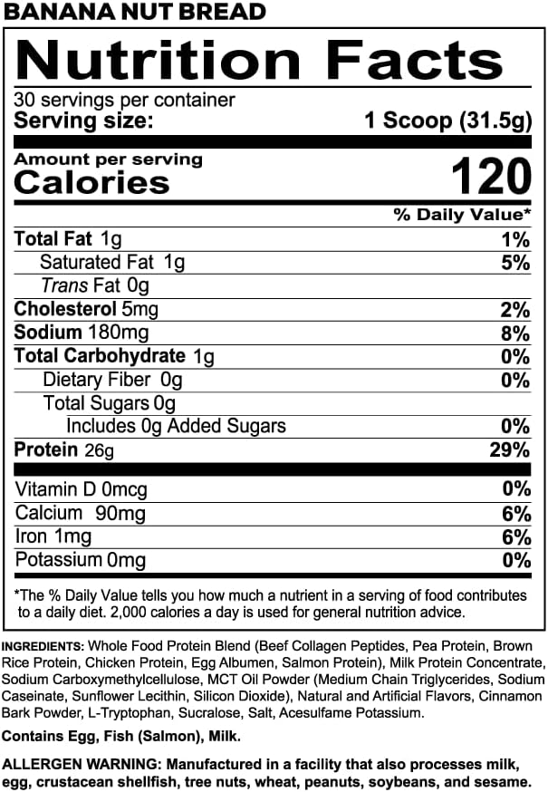 REDCON1 MRE LITE Whole Food Protein Powder Banana Nut Bread - Lactose Free &amp Sugar Free Meal Replacement with Animal Protein Blends - Easy to Digest Formula - Only 1g Carb per Serving (30 Serving