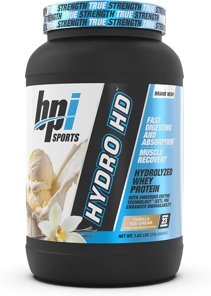 BPI Sports Hydro HD - 100% Hydrolyzed Whey Protein Powder - Muscle Growth Recovery 25g of Hydrolyzed Protein Low Carb Low Sugar Fast Absorbing (23 Servings Vanilla Ice Cream)