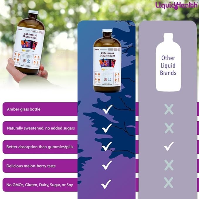 LIQUIDHEALTH Calcium &amp Magnesium Adult Liquid Vitamin Supplement - Bone Joint Muscle Connective Tissue Support Heart Health Essential Nutrients - Made in USA Vegan Non GMO No Sugar (3 Pack