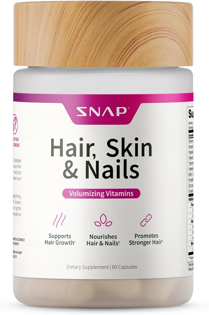 Snap Supplements Hair Skin and Nails Vitamins Support Hair Growth Nourish Skin and Nails with Biotin Collagen Kelp Bamboo and Other Vitamins Radiant Skin Strong Hair and Nails 60 Capsules