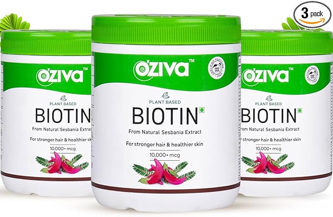 OZiva Plant Based Biotin to Improve Hair Thickness | 100% Natural Biotin from Sesbania Agati Amla &amp Pomegranate | Clinically Proven Biotin Powder for Men &amp Women | 375g Pack of 3 (Classic)