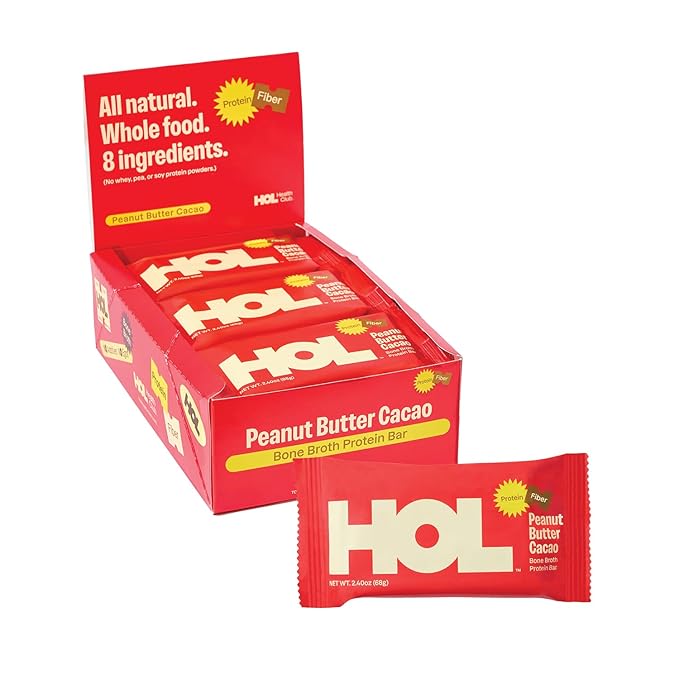 HOL Bone Broth Protein Bars - Peanut Butter Cacao - 20g Whole-Food Protein - Natural Energy Snack Made with Real Ingredients - Gluten-Free No Artificial Additives - Great On-the-Go Fuel - 12 Pack