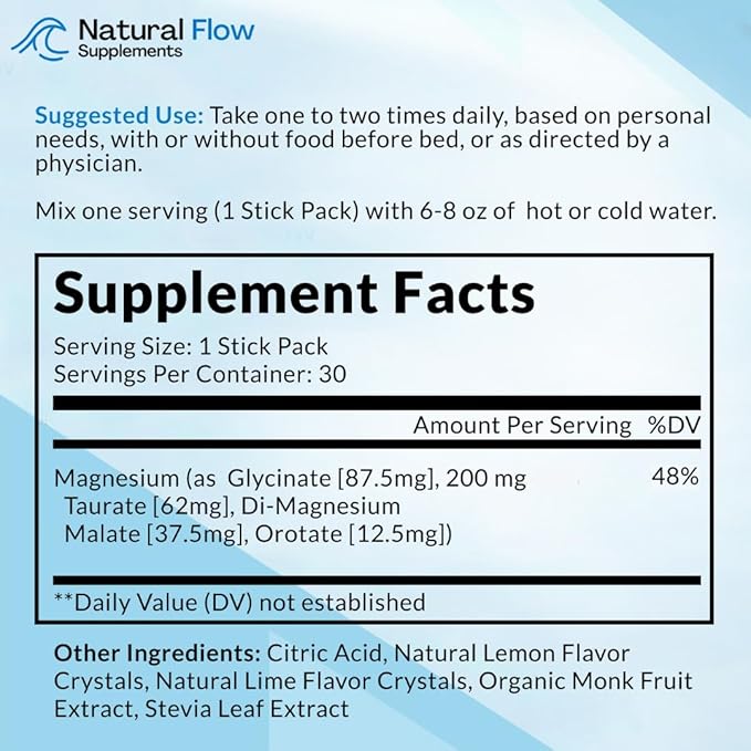 Magnesium Powder Drink Mix - Lemon/Lime - Natural Flow 4X Magnesium Glycinate Taurate Malate Orotate Supplement Calm Sleep and Cramp Support Blend No Mag Citrate or Oxide 30 Packs (Drink Mix)