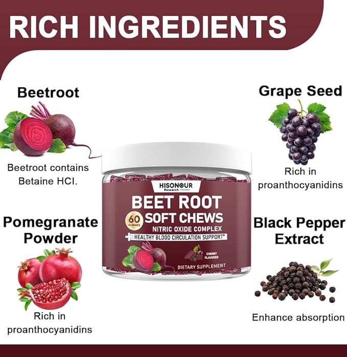 Beetroot Chews Beet Root Soft Chews with Grape Seed Pomegranate Black Pepper Vitamin C B12 Nitric Oxide Supplement for Men &amp Women Cherry Flavor Sugar Free 60 Chews
