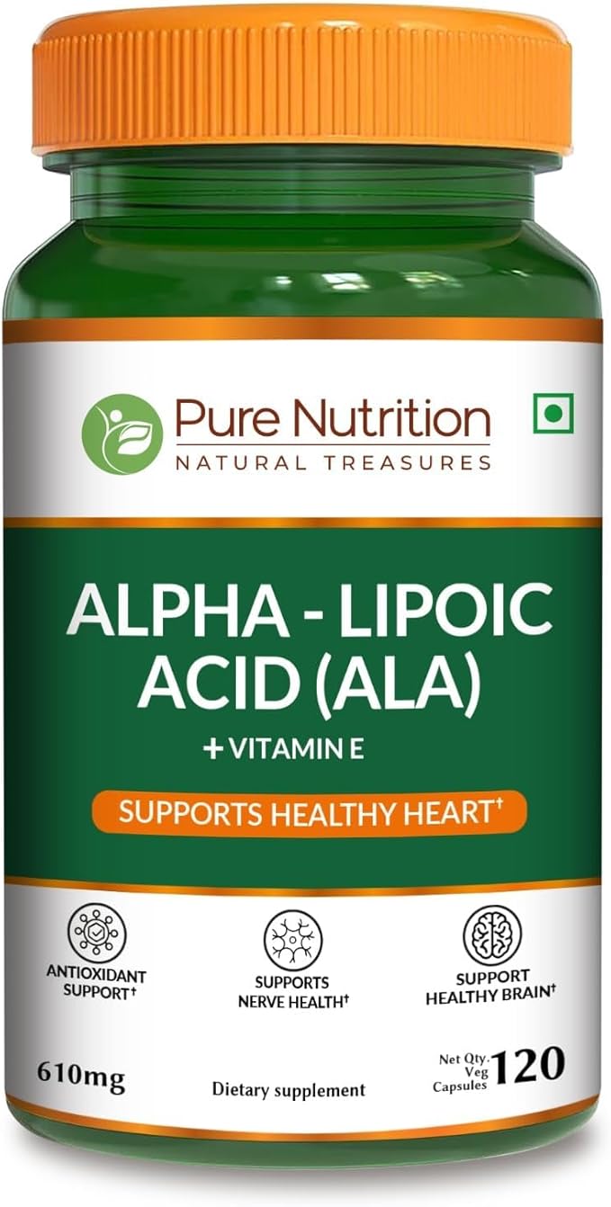 Pure Nutrition Alpha Lipoic Acid 600mg + Vitamin E | 120 Caps | Powerful Antioxidant to Support Nerve &amp Heart Health*. | Non-GMO