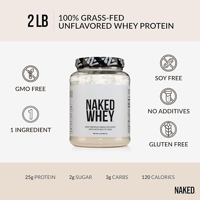 NAKED Whey Protein Powder 2LB (Unflavored) + Casein Protein Powder 2LB (30 Servings) – GMO-Free Gluten Free Soy Free Preservative Free