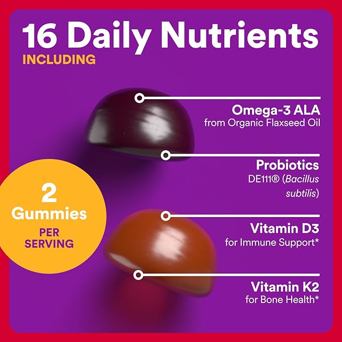 SmartyPants Organic Toddler Multivitamin Gummies: Probiotics Omega 3 (ALA) Vitamin D3 C Vitamin B12 B6 A K &amp Zinc Beta Carotene Gluten Free Three Fruit Flavors 60 Count (30 Day Supply)