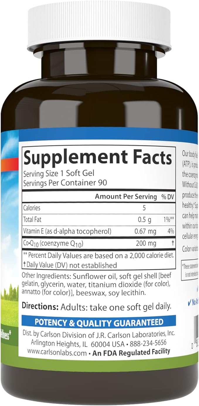 Carlson - Co-Q10 Co-Enzyme Q10 200 mg Energy Production &amp Heart Function 90 Softgels