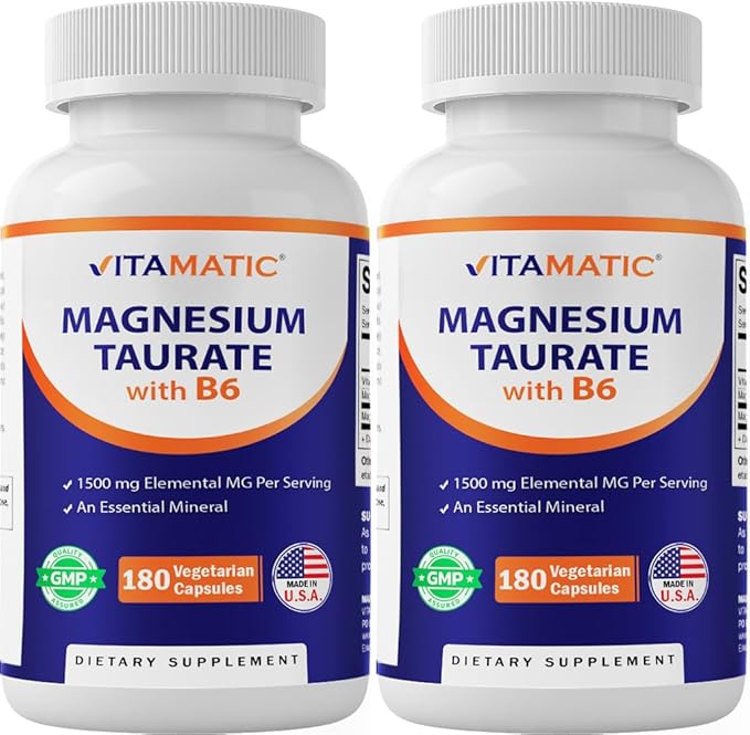 Vitamatic 2 Pack - Magnesium Taurate 1500mg per serving - 180 Vegetarian Capsules (Provides 300 mg of Elemental Magnesium) - Added B6 for Maximum Absorption - Supports Muscle Joint and Heart Health*
