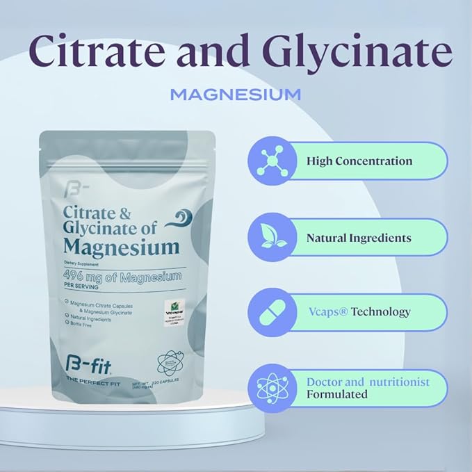 Magnesium Glycinate &amp Citrate - Supports Sleep and Muscle Recovery - Vegan - 496 mg -220 Capsules - 2 Month Supply