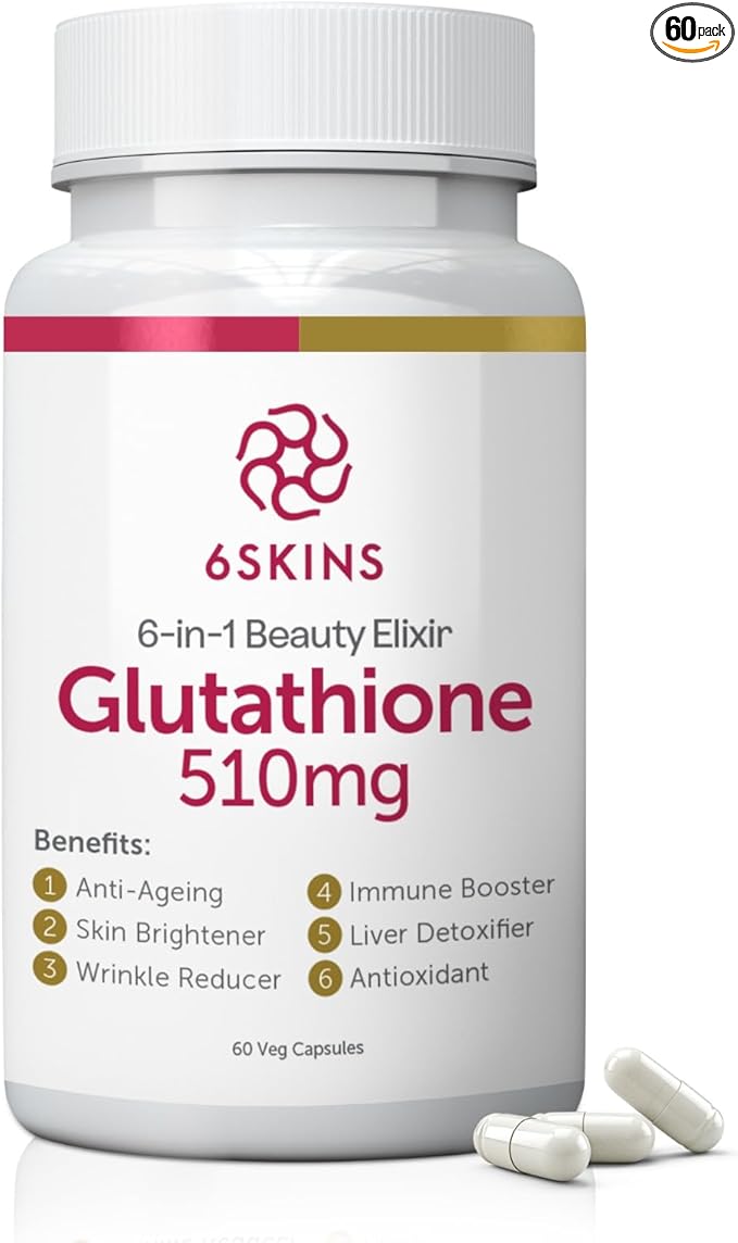 6SKINS®6in1 Beauty Elixir with Liposomal Glutathione 510mg | Glutathione Supplement 4X Better Absorption - Immune Support Liver Detox Powerful Antioxidant for Healthier Skin - 60 Capsules