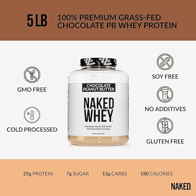 NAKED Whey Chocolate Peanut Butter Protein Powder (52 Servings) + PB Powdered Peanut Butter 1.5LB (45 Servings) – Grass-Fed Non-GMO Gluten Free Soy Free Bulk