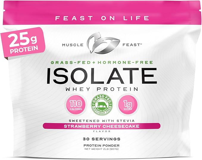Muscle Feast Grass-Fed Whey Protein Isolate All Natural Hormone Free Pasture Raised Whey Isolate Protein Powder for Men and Women Gluten-Free Delicious Isolate Protein - Strawberry Cheesecake 2lb