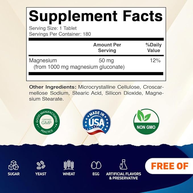 Vitamatic Magnesium Gluconate 1000 mg - 180 Vegetarian Tablets (Uncoated) - Supports Muscle Nerve and Heart Health* - 2 Pack