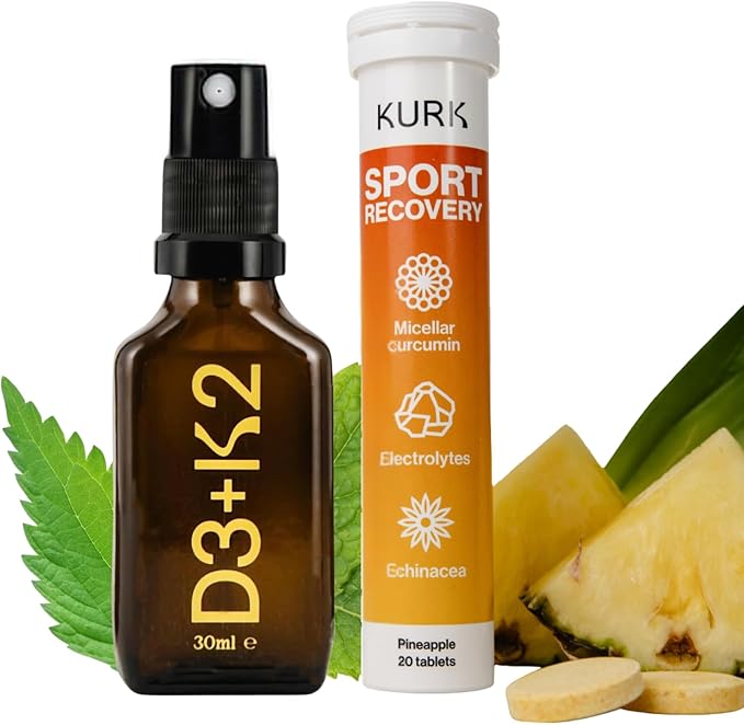 Kurk Vitamin D3 K2 Oral Spray (Peppermint 1 Fl Oz) Sport Electrolyte Tablets (Pineapple 20 Effervescent Tabs) Bundle