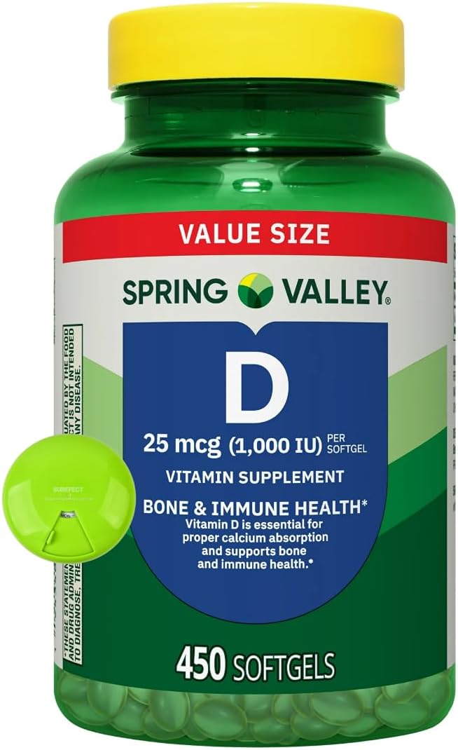 SUREFECT Spring Valley Vitamin D3 25 mcg (1000 IU) Softgels Bone &amp Immune Support 450 Count Organizer