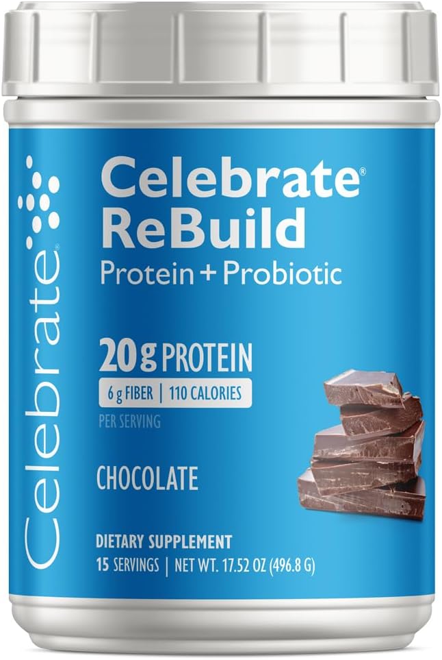 Celebrate Vitamins Rebuild Protein Powder with Probiotics &amp Prebiotics - 20g Whey Isolate Protein High Fiber for Post Bariatric Surgery Patients - Chocolate (15 Servings)