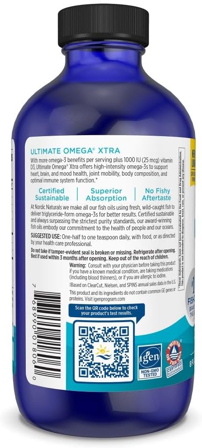 Nordic Naturals Ultimate Omega Xtra Liquid Lemon Flavor - 8 oz - 3400 mg Omega-3 + 1000 IU Vitamin D3 - EPA &amp DHA - Brain Heart Joint &amp Immune Health - Non-GMO - 48 Servings