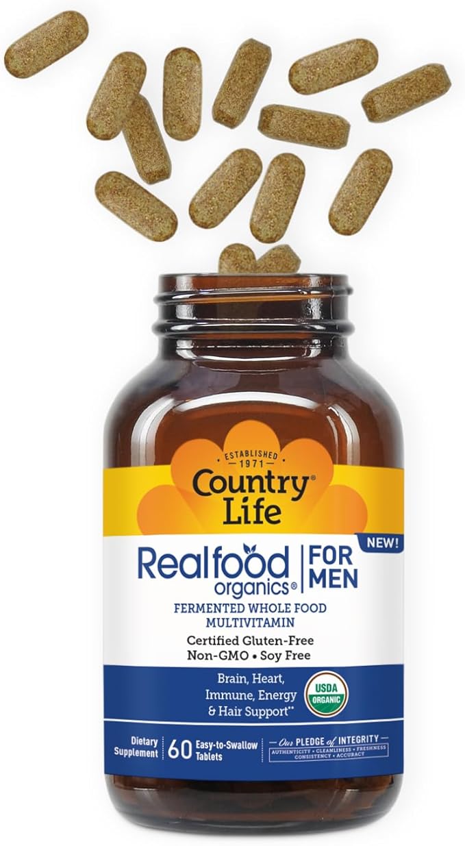Country Life RealFood Organics for Men – 60 Tablets | 1300mg Organic Fermented Whole Foods 7-Mushroom Superfood &amp Aloe – Certified Gluten-Free Vegan &amp USDA Organic Multivitamin