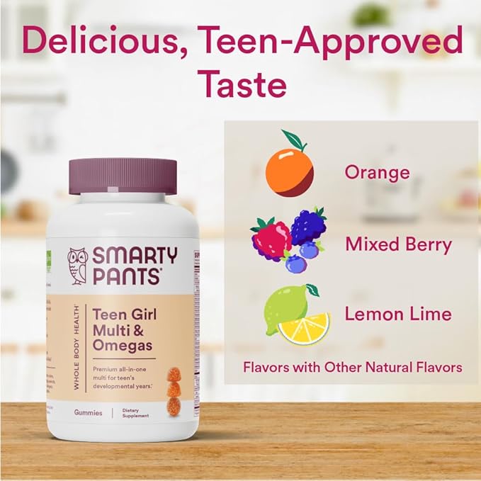 SmartyPants Teen Girl Multivitamin Gummies: Omega 3 Fish Oil (EPA/DHA) Vitamin C D3 B12 Vitamin A K &amp Zinc Gluten Free Includes Biotin to Support Hair Skin &amp Nails 120 Count (30 Day S