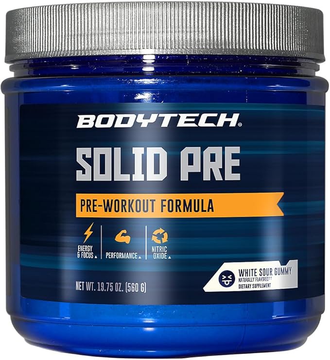 BODYTECH Solid PRE - Essential Pre-Workout Formula Powder - White Sour Gummy (19.75 Oz. / 40 Servings)