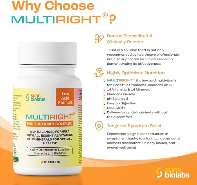 MULTIRIGHT | Low Acid MULTIVITAMIN | Bladder-Friendly | 14 Vitamins &amp 14 Minerals | pH Balanced | Easy on Digestion-Less Acidic | Buffered Vitamin C | 90 Tablets