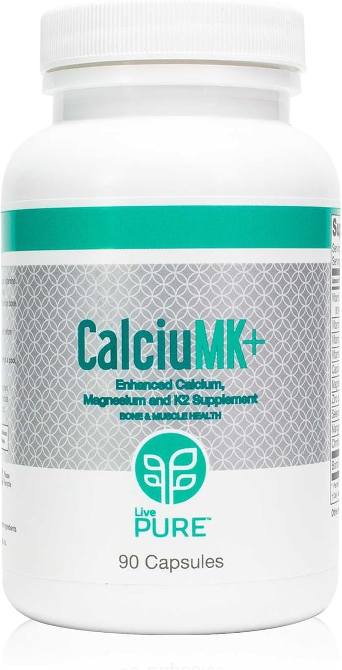 PURE LivePURE CalciuMK+ Capsules | 90ct | Supports Bone Health Collagen Formation &amp Joint Mobility | Non-Dairy Lactose-Free Calcium Supplement for Skeletal Support