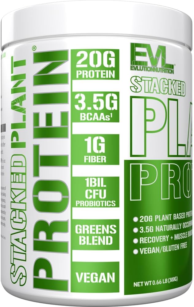 Evlution Nutrition Stacked Plant Protein Powder Vegan Non-GMO Gluten-Free Probiotics BCAAs Fiber Plant-Based Protein Complex 300G (Natural Chocolate) (Pack of 2)