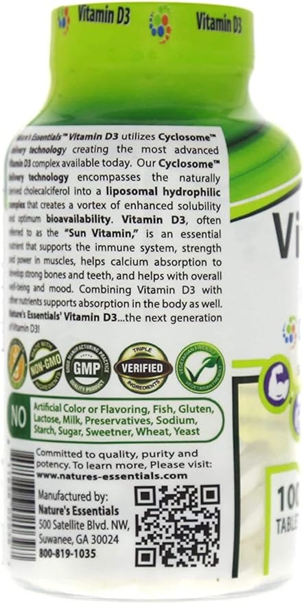 NATURE'S ESSENTIALS Vitamin D3 2000IU | Immune Support | Advanced Cyclosome Liposomal Delivery | Non-GMO Gluten Free Vegetarian | 100 Tablets