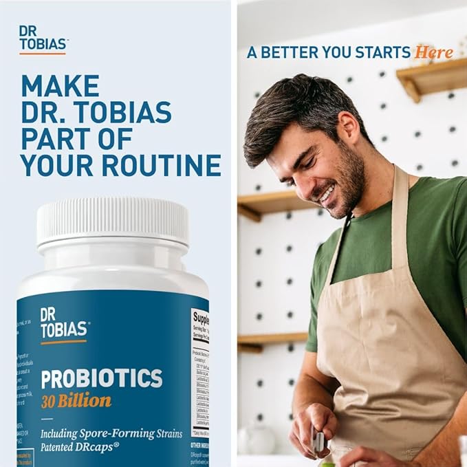 Dr. Tobias Probiotics 30 Billion 10 Strains 30 Billion CFU's Targeted Release Probiotics for Women &amp Men Supports Digestive Health Shelf-Stable Non-GMO 30 Capsules 30 Servings