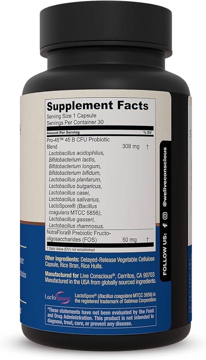 Live Conscious PRO45 Probiotics for Women &amp Men: Comprehensive Formula 45 Billion CFU 11 Strains Dairy Free - w/Prebiotics and Probiotics - Promotes Immune &amp Gut Health - 30 Veggie Caps
