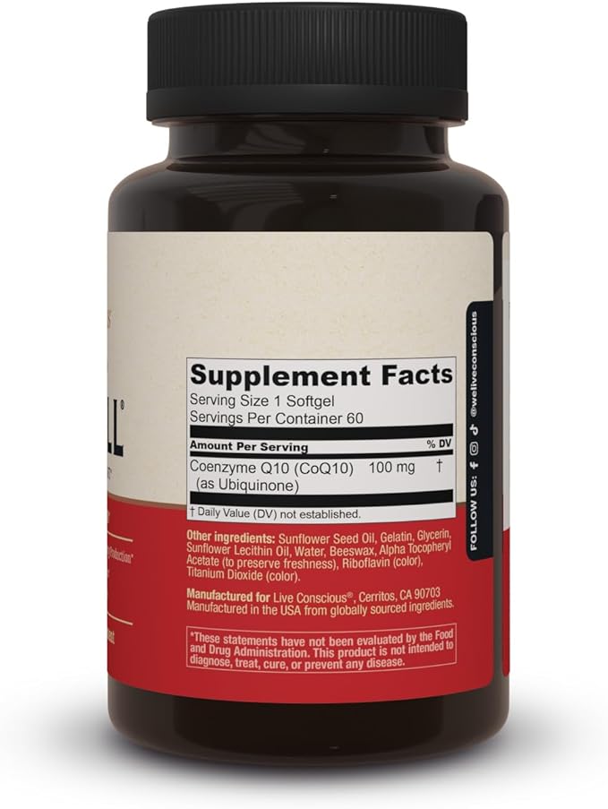 Live Conscious CoQWell - CoQ10 Heart Brain and Vascular Health Support Coenzyme Q10 Ubiquinone - 60 Softgels - 60 Day Supply