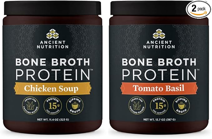 Ancient Nutrition Bone Broth Protein Powder Chicken Soup 15 Servings + Bone Broth Protein Powder Tomato Basil 15 Servings