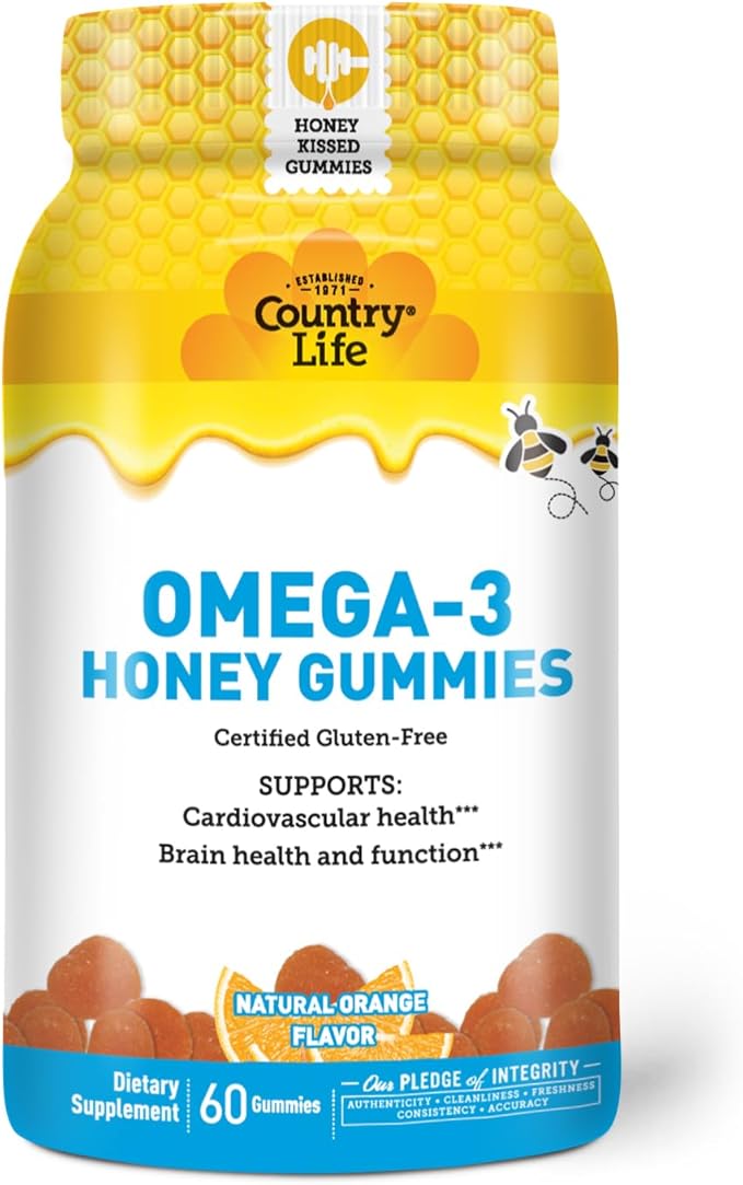 Country Life Omega-3 Honey Gummies – Cardiovascular &amp Brain Health Support – Non-GMO Certified Gluten Free – Naturally Sweetened – 60 Gummies