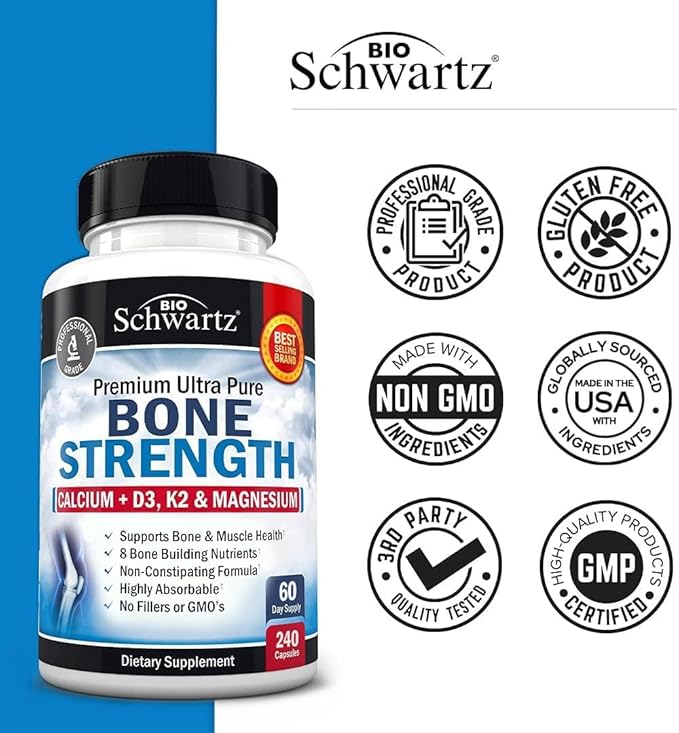 BioSchwartz Bone Strength Supplement - Gentle Non-Constipating Bone Health Supplement for Women &amp Men with 9-in-1 Complex with Calcium Magnesium Zinc D3 K2 &amp More - 3rd Party Tested - 2 Months