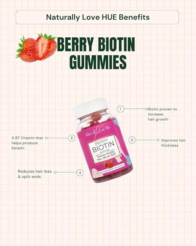Naturally Love Hue Berry Biotin Gummies – Strawberry Biotin Hair Vitamin Gummies – Supports Longer Stronger Hair Glowing Skin &amp Strong Nails – Natural Cruelty‑Free Hair Growth Supplement