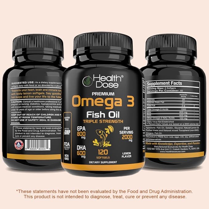 Health Dose Omega 3 Fish Oil 2000mg – Lemon-Flavored Softgels with EPA 800mg &amp DHA 600mg for Brain Heart and Wellness Support – Easy-to-Digest No Fish Burps – 120 Softgels 2-Month Supply