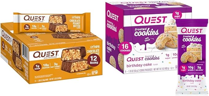 Quest Nutrition Crispy Chocolate Peanut Butter Hero Protein Bar 18g Protein 12 Count and Frosted Cookies Twin Pack Birthday Cake 1g Sugar 16 Cookies