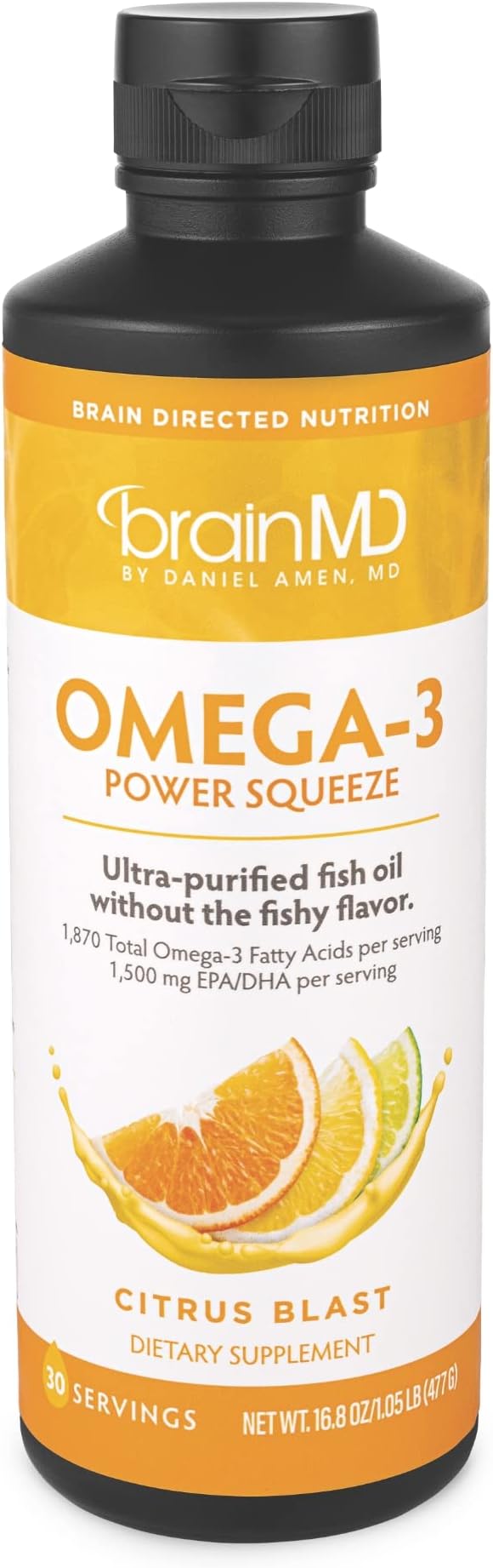 BRAINMD Dr Amen Omega-3 Power Squeeze Citrus Blast - 16.8 oz - Fish Oil - Supports Cardiovascular Brain &amp Immune System Health - Gluten Free - 30 Servings