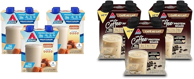 Atkins Energy Shake Creamy Caramel with Protein Gluten Free Keto-Friendly 4 Count(Pack of 3) and Atkins Café au Lait Iced Coffee Protein Shake 15g Protein Low Glycemic 3g Net Carb 1g Sugar Ket