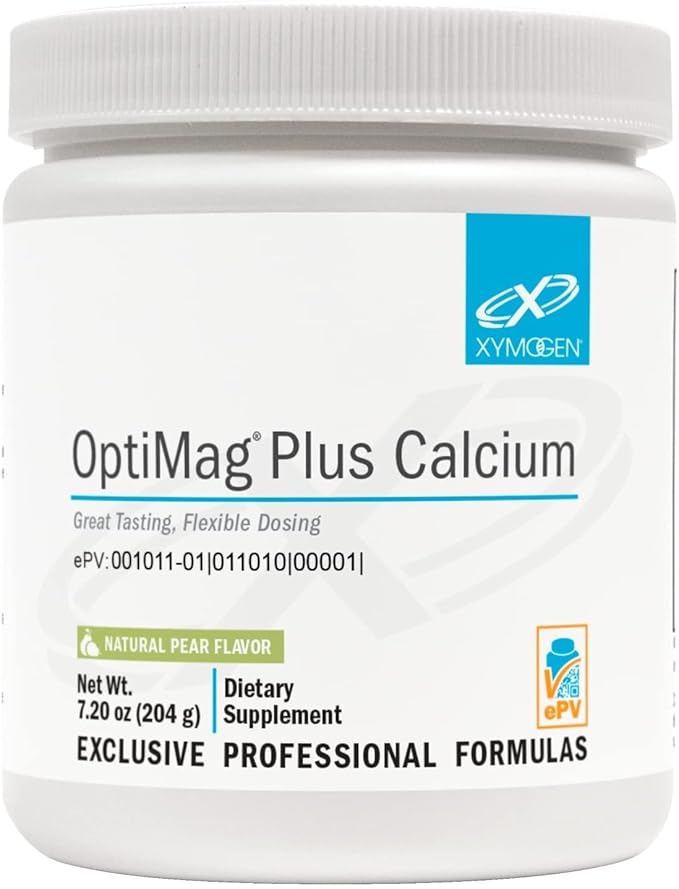 XYMOGEN OptiMag Plus Calcium - Great-Tasting Magnesium Powder with Calcium to Support Calm Behaviors Healthy Mood Healthy Bone + Muscle Function - Pear Flavor with Magnesium Malate (7.2 oz)